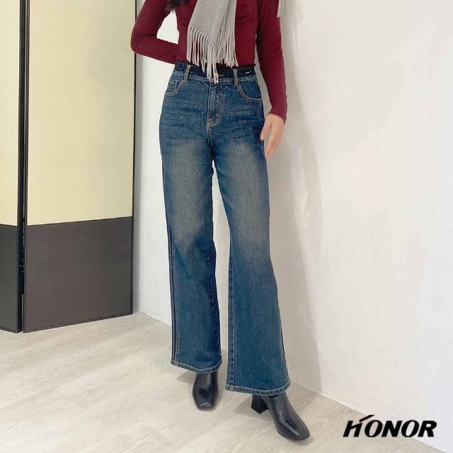 【HONOR 山形屋】經典水鑽蕾絲牛仔直筒褲-藍