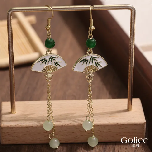 【Gulicc 古莉可】耳環 玉石流蘇扇 中式墜式(7夕情人節 生日 飾品 耳釘 耳飾 耳墜 禮物)