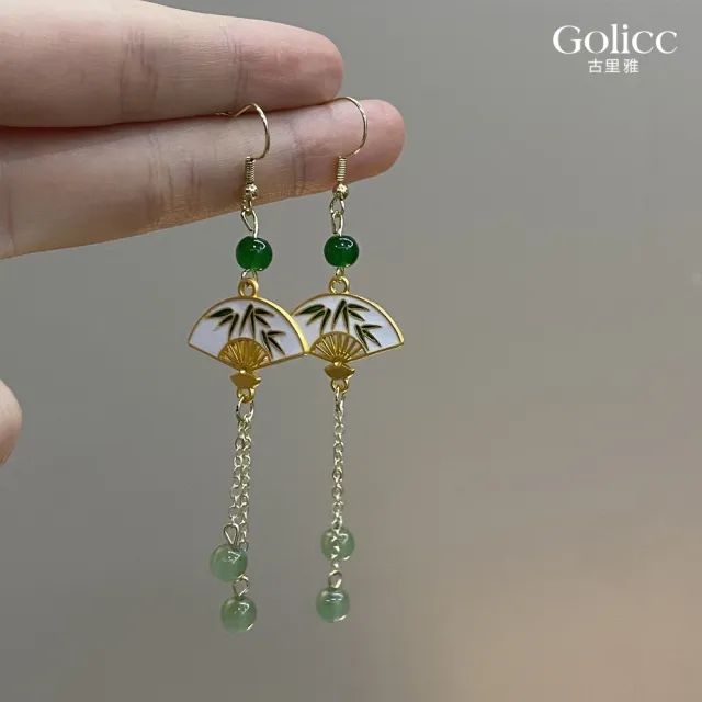 【Gulicc 古莉可】耳環 玉石流蘇扇 中式墜式(7夕情人節 生日 飾品 耳釘 耳飾 耳墜 禮物)