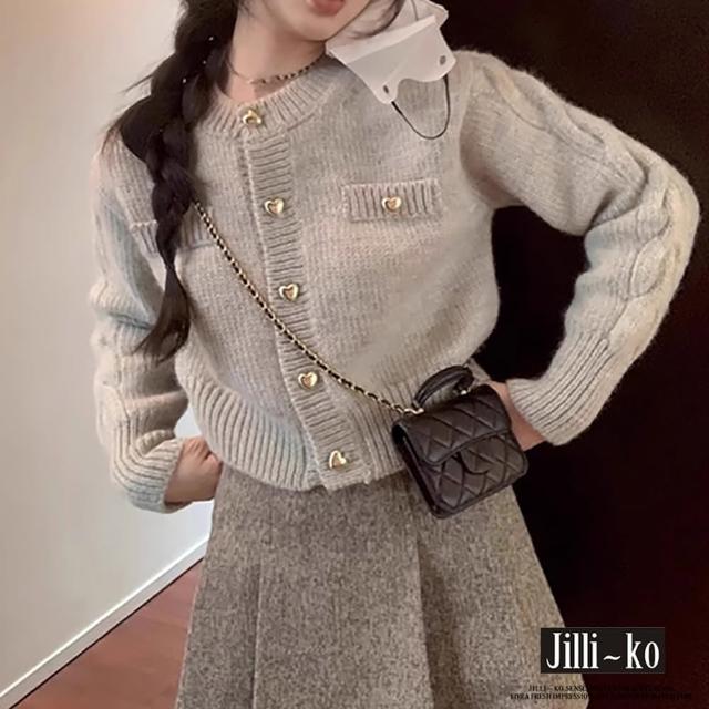 【JILLI-KO】小香風愛心扣短款圓領毛衣外套-F(灰)