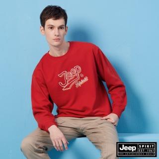 【JEEP】男裝 復古感跳色LOGO刺繡大學T(紅色)
