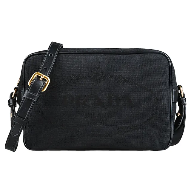 【PRADA 普拉達】PRADA經典標誌緹花帆布牛皮飾邊拉鍊斜背包(黑)