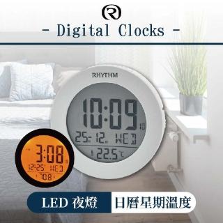 【RHYTHM 麗聲】工業款溫度顯示LED夜燈圓形電子鬧鐘(白色)
