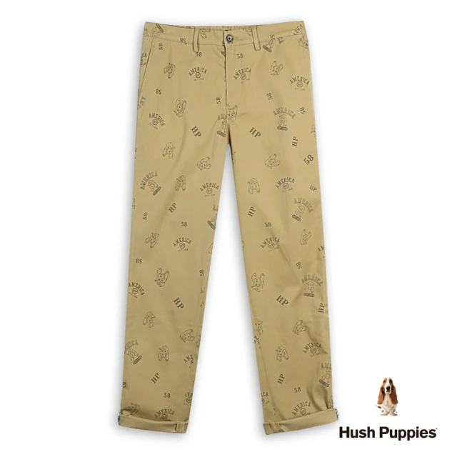 Hush Puppies 男裝 長褲 滿版棒球帽狗印花休閒長褲(卡其 / 44121102)