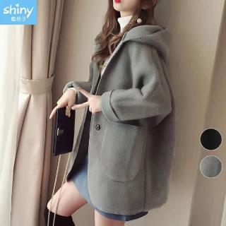 【Shiny 藍格子】單扣連帽羊羔毛寬鬆長袖外套 V3906 現+預(女裝 絨毛 大衣)