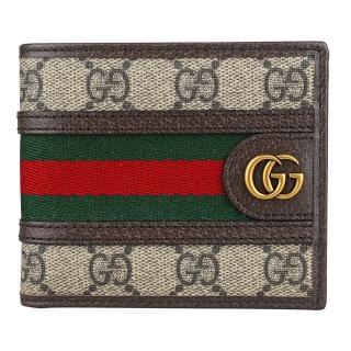 【GUCCI 古馳】GUCCI Ophidia GG經典綠紅織帶滿版印花雙G標誌塗層帆布皮革邊飾對折短夾(米/烏木)
