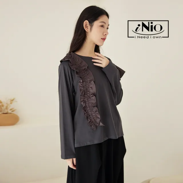 【iNio 衣著美學】長袖上衣 冬新品 現貨 波浪造型 拼接 圓領 長袖棉T CDW1761
