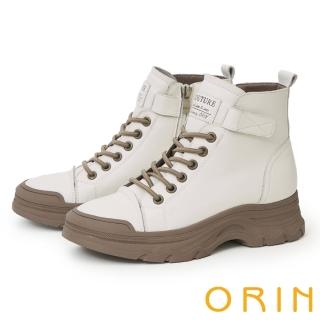 【ORIN】真皮側拉鍊免綁帶厚底高筒休閒鞋(米色)
