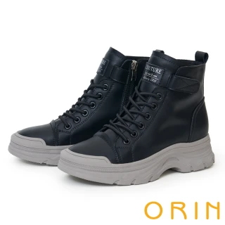 【ORIN】真皮側拉鍊免綁帶厚底高筒休閒鞋(黑色)