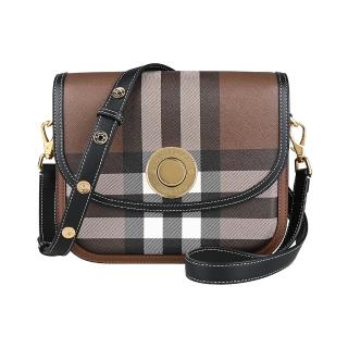 【BURBERRY 巴寶莉】BURBERRY Elizabeth鍍金釦LOGO帆布拼接小牛皮翻蓋按釦式斜揹包(中/樺木棕x多色)