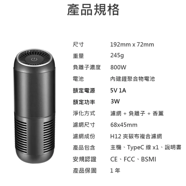 【JINPEI 錦沛】車用 室內負離空氣清淨機 HEPA 12等級(JA-02B)