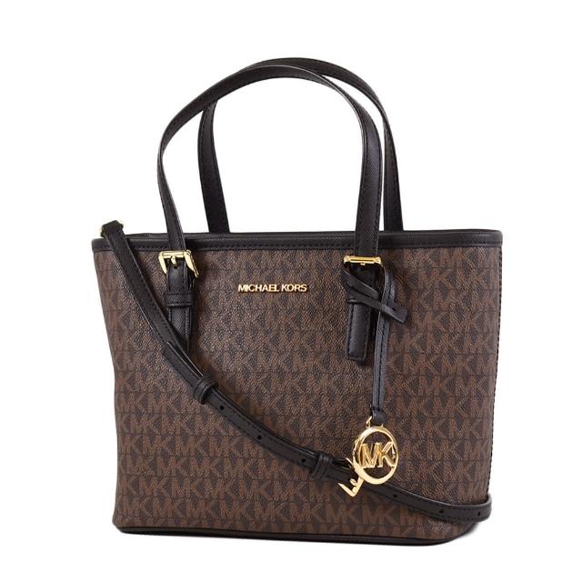 【Michael Kors】緹花LOGO防刮皮革手提/斜背二用托特包-咖啡色/小