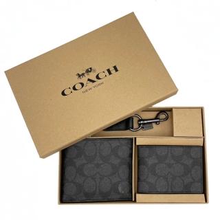 【COACH】C LOGO男款8卡短夾附鑰匙圈活動證件夾禮盒(黑灰)