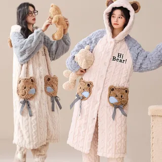 【Kosmiya】1套 舒棉絨保暖兩件式酣睡小熊睡袍睡褲/睡袍/女睡衣/長袖睡衣/連身洋裝/洋裝(均碼/加大碼)