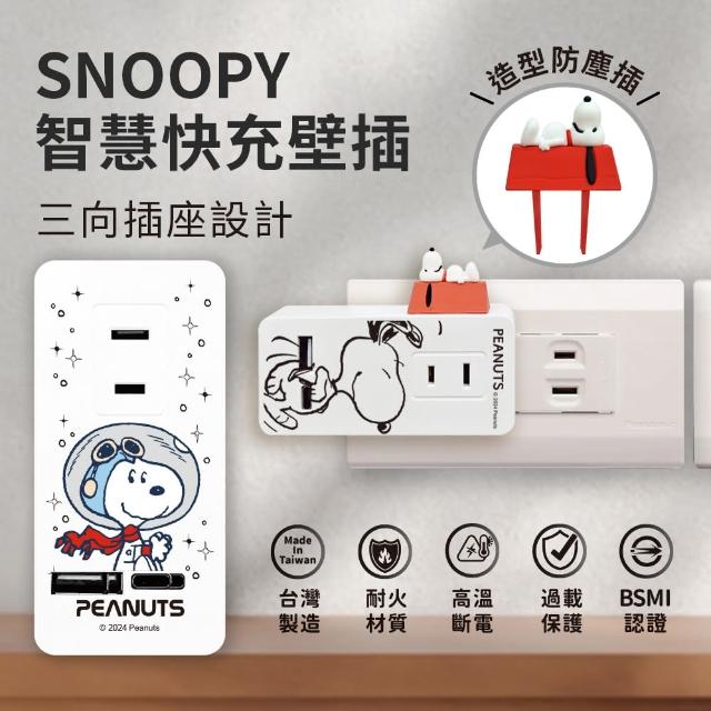 【SNOOPY 史努比】3插+2埠USB/Type-C 智慧快充壁插/插座/轉接頭(附紅屋造型防塵塞)