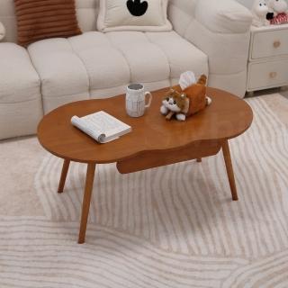 【靚白家居】純實木 橢圓形茶几 80cm 單抽屜 S385(咖啡桌 客廳桌 大茶几 成長書桌 日式和室桌)