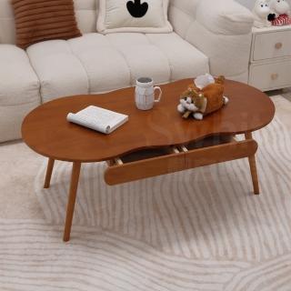 【靚白家居】純實木 橢圓茶几 120cm 雙抽屜 S387(咖啡桌 客廳桌 大茶几 成長書桌 日式和室桌)