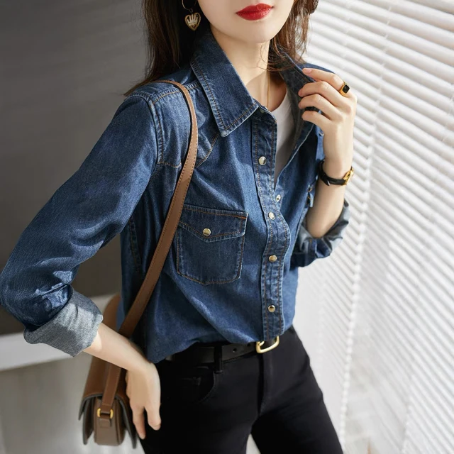 MsMore 百搭帥美的時髦感長袖休閒牛仔襯衫短版上衣#12