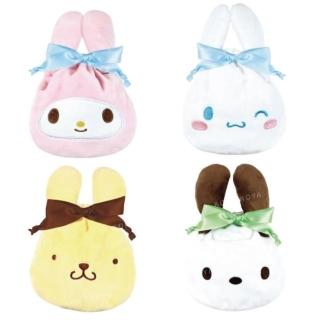 【小禮堂】Sanrio 三麗鷗 絨毛造型束口袋 - 蝴蝶結束耳款 美樂蒂 大耳狗 帕恰狗(平輸品)