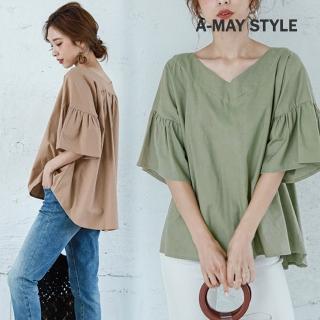 【Amay Style 艾美時尚】現貨 女裝 上衣 休閒棉麻寬鬆荷葉落肩上衣