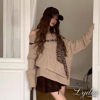 【Lydia】現貨 針織上衣 秋冬新款微性感一字肩豹紋繫帶設計長袖上衣(灰、咖 Free)