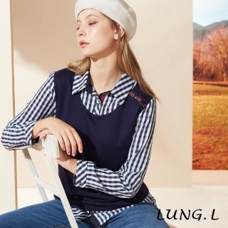【LUNG.L 林佳樺】LQ94A藍色背心拼接格紋襯衫假二件長袖女裝上衣(秋冬新品 加大尺碼)