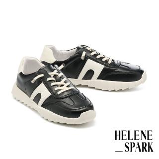 【HELENE SPARK】美式復古撞色全真皮彈力鞋帶厚底休閒鞋(黑)