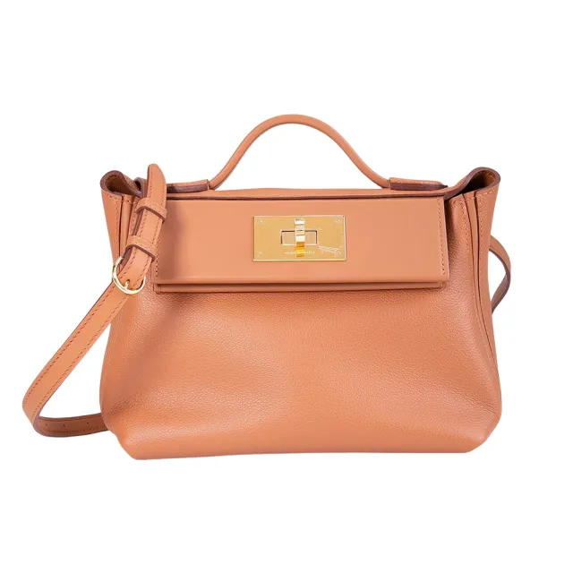【Hermes 愛馬仕】24/24 21 mini Evercolor和Swift小牛皮肩背包(金棕金釦)