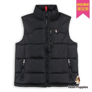 【Hush Puppies】男裝 背心 配色羽絲絨刺繡小狗背心(黑色 / 44117901)