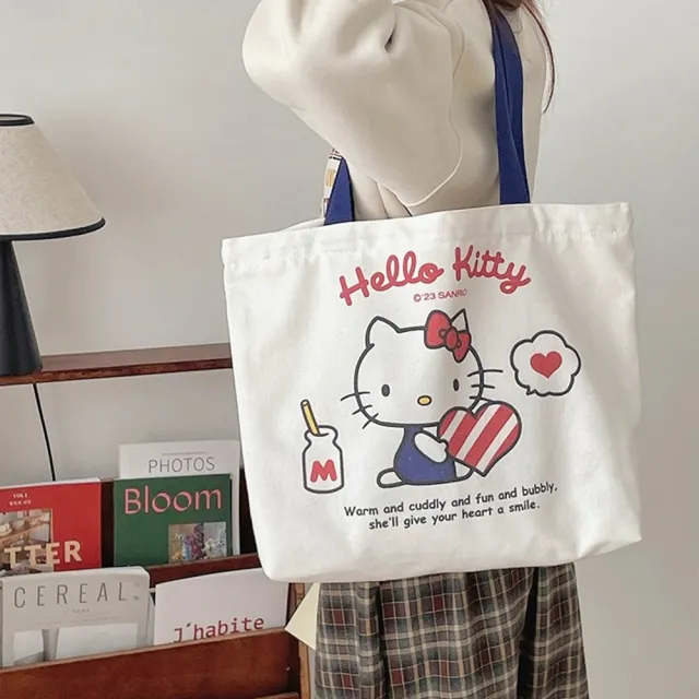 【SANRIO 三麗鷗】雙11 酷洛米美樂蒂大容量單肩帆布包補習袋 可裝A4(大耳狗/凱蒂貓/Hello Kitty