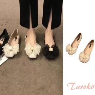 【Taroko】蕾絲緞帶蝴蝶結娃娃平底舒適淑女鞋(2色可選)