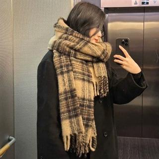 【KT DADA】馬海毛圍巾 棕色圍巾 格子圍巾 流蘇圍巾 仿羊絨圍巾 美拉德 高階感 加厚圍脖 圍脖 空調披巾