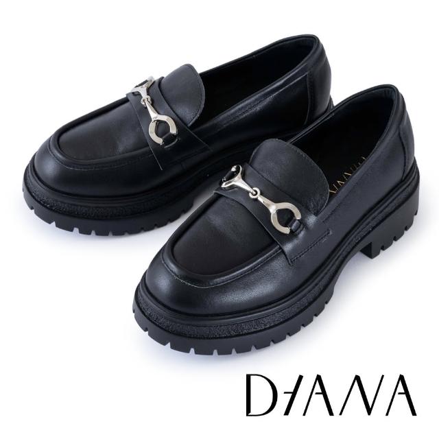 【DIANA】舒適俐落馬銜釦真皮樂福厚底鞋(黑色)