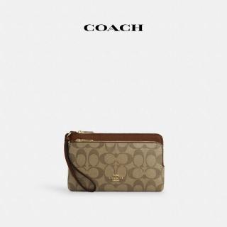【COACH】蔻馳官方直營 經典Logo雙拉鏈錢包-IM/卡其色/馬鞍棕色(CU920)