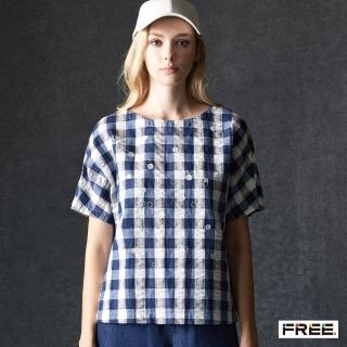【FREE】INDIGO棉麻格子小船領上衣(丈青)