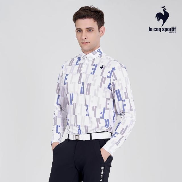 LE COQ SPORTIF 公雞 官方直營 高爾夫系列 男款白色滿版文字吸汗速乾彈性抗UV 長袖POLO衫QGU2J104