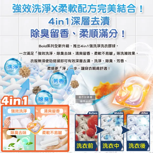 【日本P&G Bold Lenor】強洗淨4合1消臭柔軟香氛洗衣凝膠球32顆/袋(直立滾筒式洗衣機筒槽防霉)