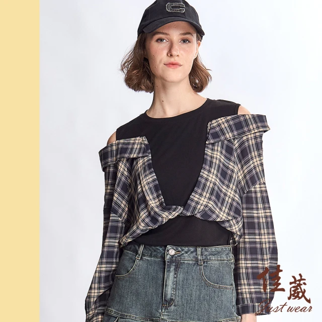 Just Wear 佳葳 假兩件格紋露肩上衣(女上衣/女上著/長袖/棉質/拼接/滿版)