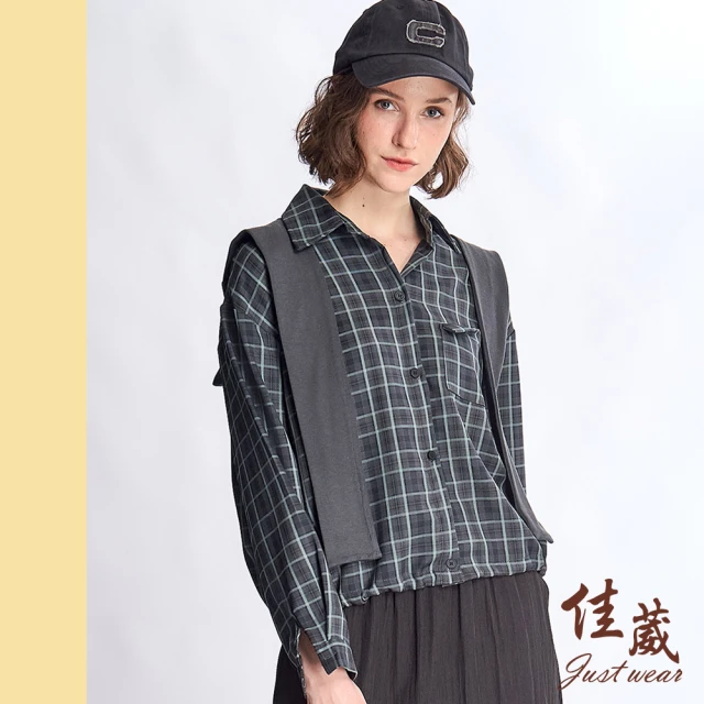 Just Wear 佳葳 質感方格披肩襯衫-附圍巾(女上衣/女上著/長袖/棉質/抽繩/滿版/休閒/翻領)