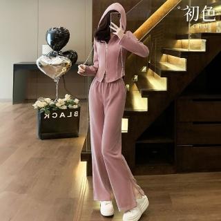【初色】抽繩連帽純色短款外套女外套+垂感寬鬆顯瘦運動褲長褲套裝-粉紅色-39645(M-2XL可選)