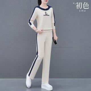 【初色】圖案字母印花圓領長袖T恤女上衣+拼色直筒褲休閒褲寬褲長褲套裝-共6色-39642(M-3XL可選)