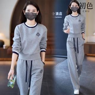 【初色】拼接圓領長袖印花上衣女上衣+抽繩純色運動褲休閒褲寬褲長褲套裝-共5色-39633(M-3XL可選)