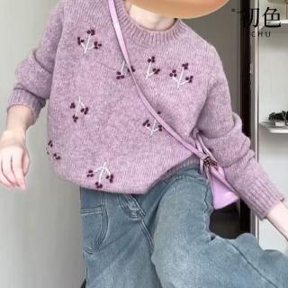 【初色】韓系減齡小花刺繡短款套頭長袖毛衣上衣女上衣-紫色-39729(F可選)