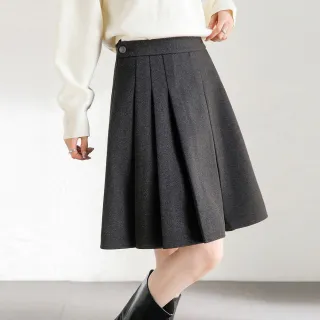 【MsMore】學院風顯瘦A字百褶裙半身裙時尚高腰毛呢短裙#124157(深灰)