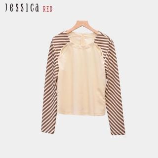 【Jessica Red】百搭簡約圓領拼接袖條紋造型上衣（咖）R44300