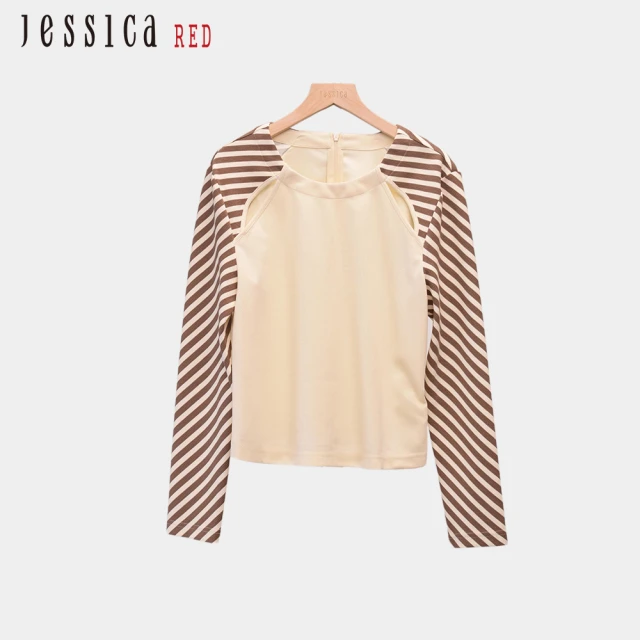 Jessica Red 百搭簡約圓領拼接袖條紋造型上衣（咖）R44300