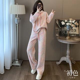 【初色】慵懶風寬鬆長袖連帽T恤上衣+抽繩休閒褲寬褲長褲兩件式套裝-粉色-39706(M-2XL可選)