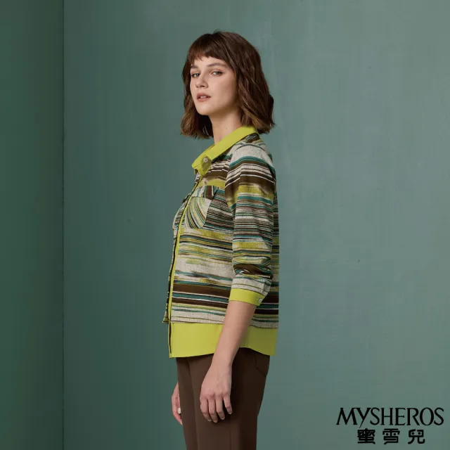 【MYSHEROS 蜜雪兒】造型襯衫上衣 翻領排釦雙口袋 不規則線條拼布(綠)