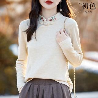 【初色】中式國風純色立領刺繡德絨長袖上衣女上衣-共3色-39695(M-4XL可選)