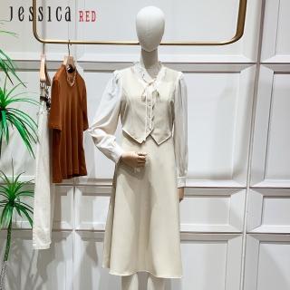 【Jessica Red】法式氣質木耳領假兩件拼接長袖雪紡洋裝（米）R44701